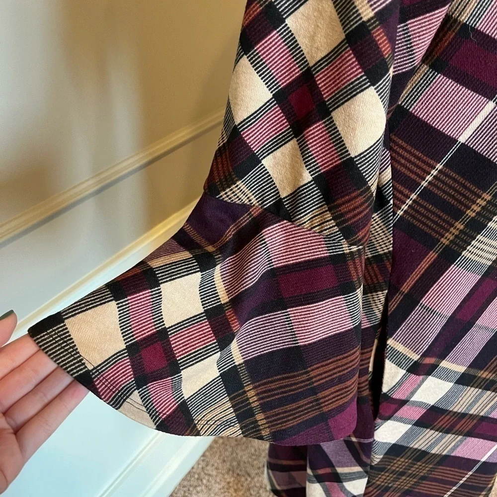 JH Women's plaid dress flare sleeve pockets soft office casual purple plum